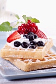 Waffles with Blueberries and Raspberries and Whipped Cream