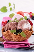 A wafer bowl filled with ice cream and berries