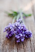 A bunch of lavender on a wooden surface