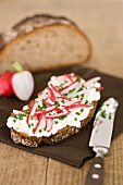 Traditional bread from Val Venosta topped with cottage cheese, radishes and chives