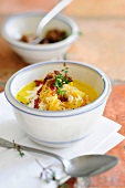 Cream of carrot soup with sauerkraut and croutons
