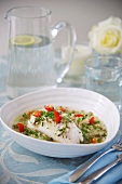 Fish soup with bulgur and poached cod