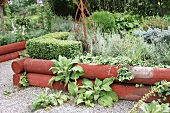 Herb garden in wooden raised beds