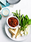 Jaew bong (chilli dip and fermented fish, Isaan kitchen) and vegetables