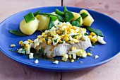 Cod fillet with chopped egg and curry sauce