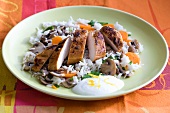 Hühnerbrust auf Reis mit Karotten, Pilzen & Joghurtdip