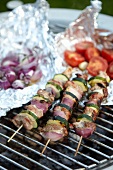 Meat kebabs, onions and tomatoes on a barbecue