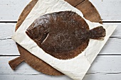 Fresh plaice on a piece of paper