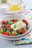 Cherry tomato salad with green beans, alfalfa sprouts and feta cheese