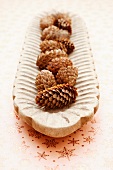 Pine cones in a wooden bowl