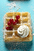 A waffle topped with redcurrants, icing sugar and a dollop of cream