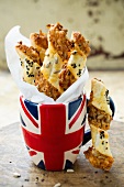 Cheese sticks in a Union jack cup