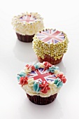 Three cupcakes decorated with Union Jacks