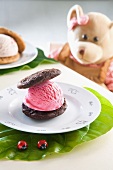 A cookie sandwich with raspberry ice cream