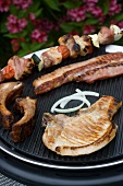 A pork chop, a kebab and a rib on a barbecue