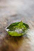 A candied basil leaf with coarse salt