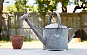 A watering can and a flowerpot in a garden