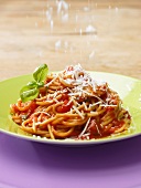 Spaghetti with tomato sauce being sprinkled with Parmesan