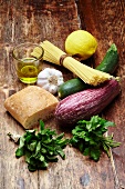Ingredients for spaghetti with courgettes and aubergines