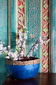 Flowering twigs in blue pot against painted and carved wooden wall