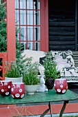 Gartentisch mit roten Keramik-Windlichtern und Edelweiß in Pflanzentöpfen