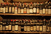 Eingestaubte Weinflaschen auf alten Regalböden