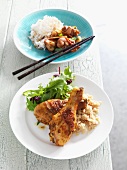 Hühnerfleisch mit Reis & gegrillte Hähnchenkeulen