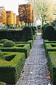 Topiary hedges, bushes and trees in park-like garden