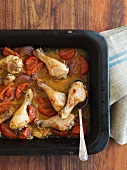 Chicken legs with tomatoes and onions