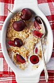 Bowl of Steel Cut Oats with Milk and Cherries; From Above