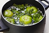 Tomatillos, Onion and Cilantro Soaking in a Pot