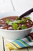 Bowl of Spicy Black Bean Soup with Cilantro Garnish