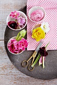 Stemless flowers in small dishes (pink primula and tulip, narcissus and white primula, dark red anemone and pink primula, pink ranunculus)