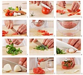 Tomato and basil being prepared for bruschetta