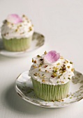 Cupcakes Decorated with Candied Rose Petals and Pistachios