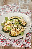 Grilled courgette slice with feta and mint