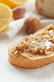 White bread topped with Bulgaria nut and garlic spread
