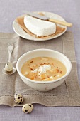 Beer soup with egg yolk, quark, croutons and cinnamon for Easter