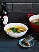 Brodo e gnocchi (chicken broth with baby spinach and spinach dumplings)