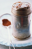 Metal shaker containing cocoa and sieve on plate, close-up
