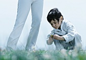 Kind auf der Wiese beim Betrachten einer Blume