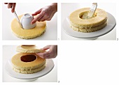 A jam-filled sponge ring cake being prepared