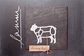 A sketch of a lamb and a written label and writing on a chalkboard