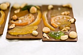 Bars of chocolate with candied fruits and nuts