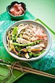 Chicken soup with soba noodles and pickled ginger