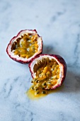 A halved passion fruit