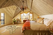 Master bedroom with old barn siding wood ceiling