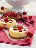 Mini vanilla cheesecakes with raspberries