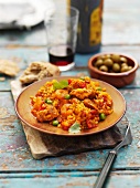 Chicken and prawn paella