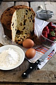 Ingredients for French toast made using panettone and strawberries